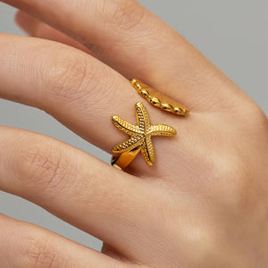 Golden Starfish & Seashell Ring