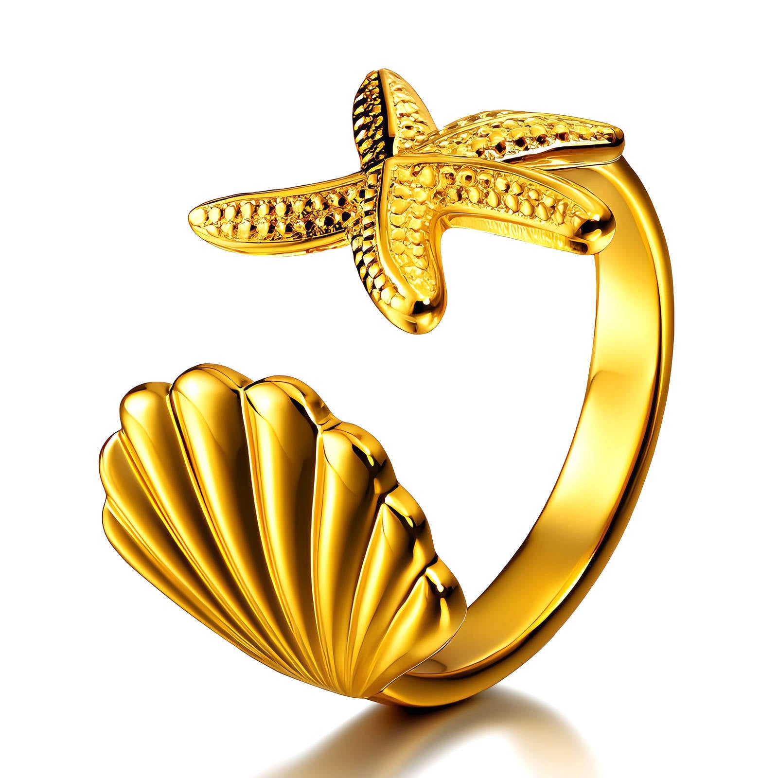 Golden Starfish & Seashell Ring